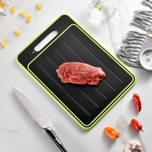 4-in-1 Defrosting Board and Cutting Tray with Grater, Sharpener, and Double-Sided Chopping Surface for Thawing Meat